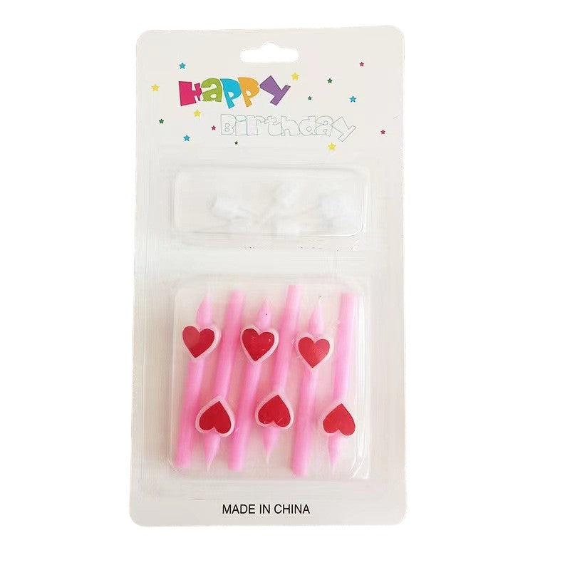 Set 6 Lumanari Pentru Tort, Model Creion cu Inimioare Happy Birthday, Ceara cu Suport Inclus, 5.9 x 1.1 cm, Roz