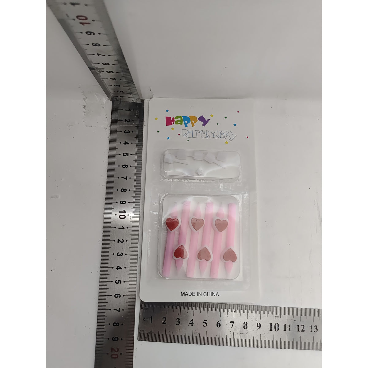 Set 6 Lumanari Pentru Tort, Model Creion cu Inimioare Happy Birthday, Ceara cu Suport Inclus, 5.9 x 1.1 cm, Roz