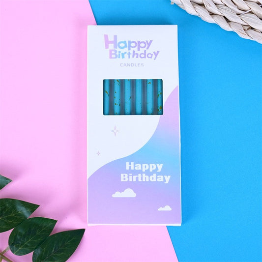 Set 6 Lumanari Tort Tip Creion, Happy Birthday cu Sclipici si Paiete, Suport Inclus, Parafina, 10 cm, Albastru