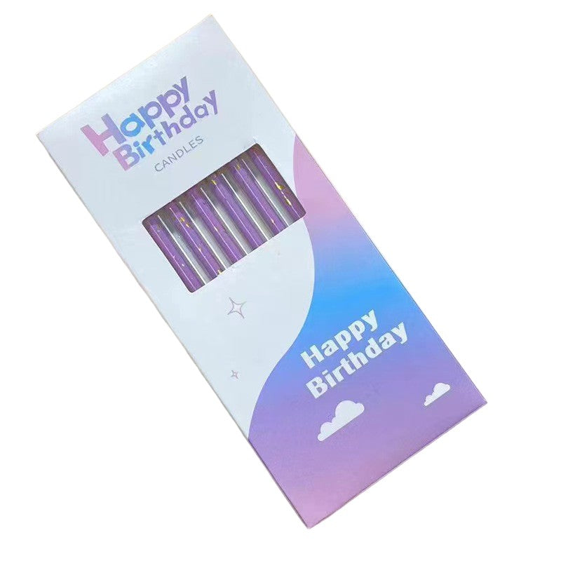 Set 6 Lumanari Tort Happy Birthday, Lumanari Tip Creion cu Sclipici si Paiete, Parafina cu Suport Inclus, 10 cm, Mov