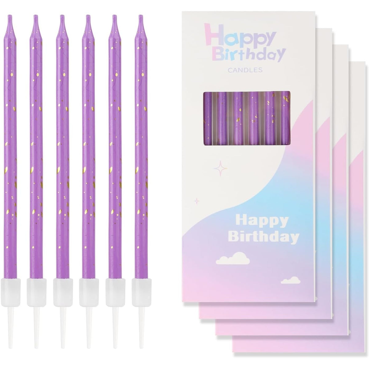 Set 6 Lumanari Tort Happy Birthday, Lumanari Tip Creion cu Sclipici si Paiete, Parafina cu Suport Inclus, 10 cm, Mov