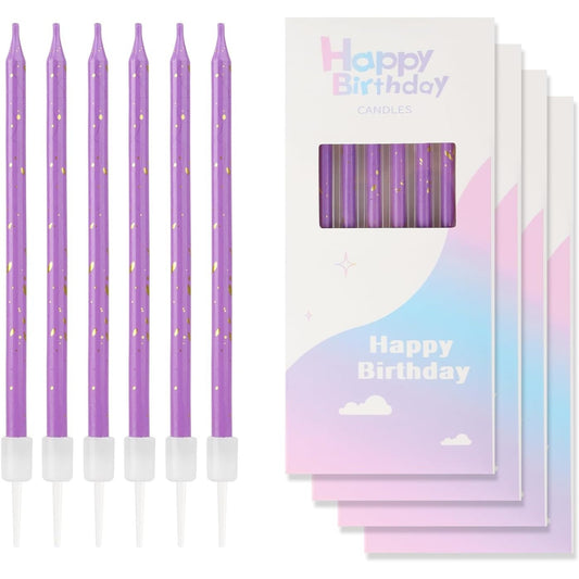 Set 6 Lumanari Tort Happy Birthday, Lumanari Tip Creion cu Sclipici si Paiete, Parafina cu Suport Inclus, 10 cm, Mov