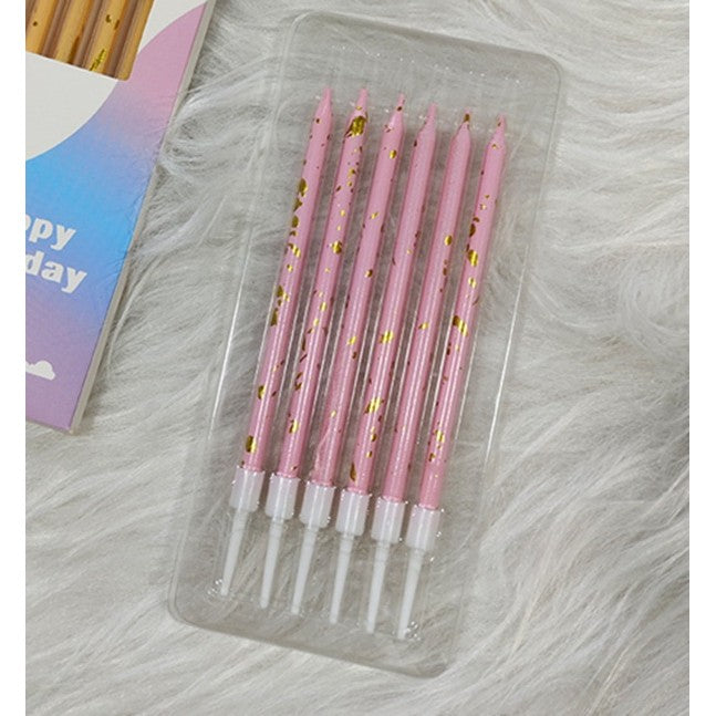 Set 6 Lumanari Tort Happy Birthday, Lumanari Tip Creion cu Sclipici si Paiete, Include Suporturi Fixare, Parafina, 10 cm, Roz
