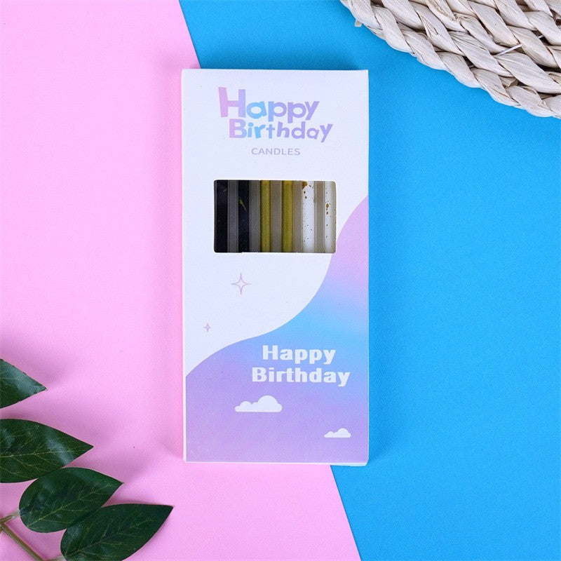 Set 6 Lumanari Tort Happy Birthday, Tip Creion cu Sclipici si Paiete, Parafina cu Suport, 10 cm, Alb/Negru/Auriu