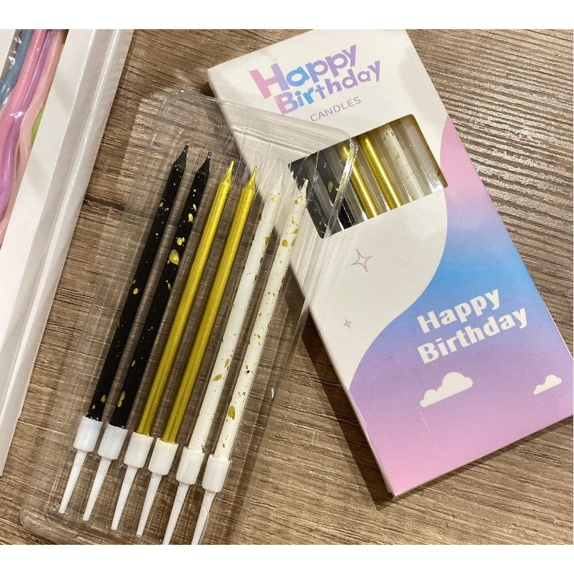 Set 6 Lumanari Tort Happy Birthday, Tip Creion cu Sclipici si Paiete, Parafina cu Suport, 10 cm, Alb/Negru/Auriu