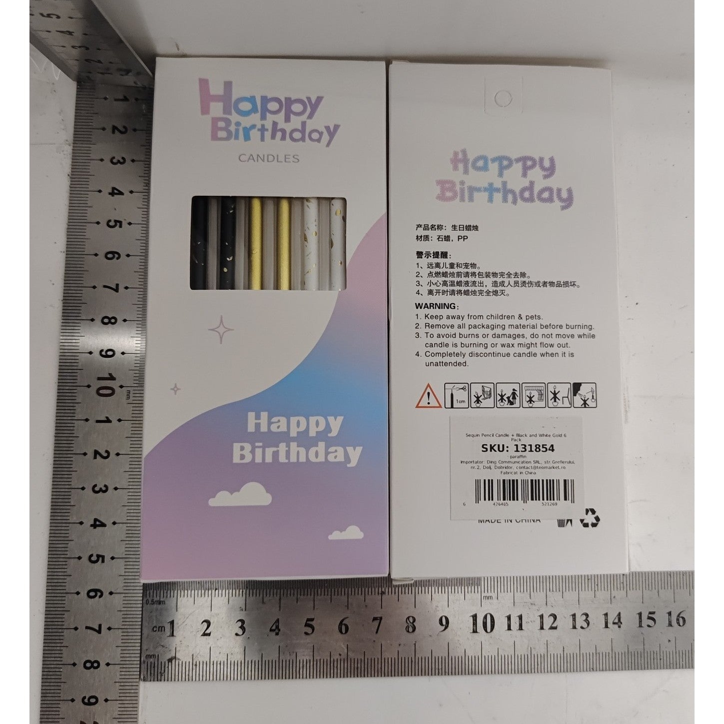 Set 6 Lumanari Tort Happy Birthday, Tip Creion cu Sclipici si Paiete, Parafina cu Suport, 10 cm, Alb/Negru/Auriu