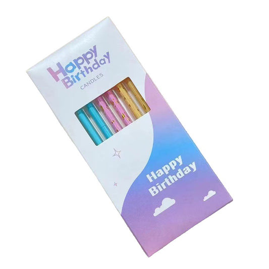 Set 6 Lumanari Tort Aniversare, Tip Creion cu Sclipici si Paiete, Parafina cu Suport, Happy Birthday, Multicolor, 10 cm