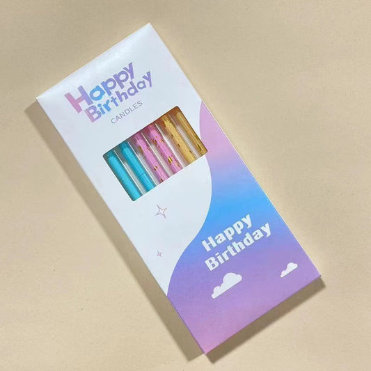 Set 6 Lumanari Tort Aniversare, Tip Creion cu Sclipici si Paiete, Parafina cu Suport, Happy Birthday, Multicolor, 10 cm