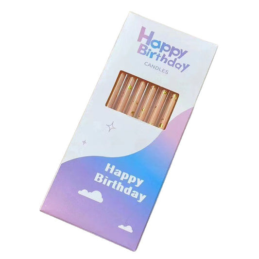 Set 6 Lumanari Tort Happy Birthday, Lumanari Lungi Tip Creion cu Sclipici si Paiete, Parafina cu Suport de Infigere, 10 cm, Oranj Pal