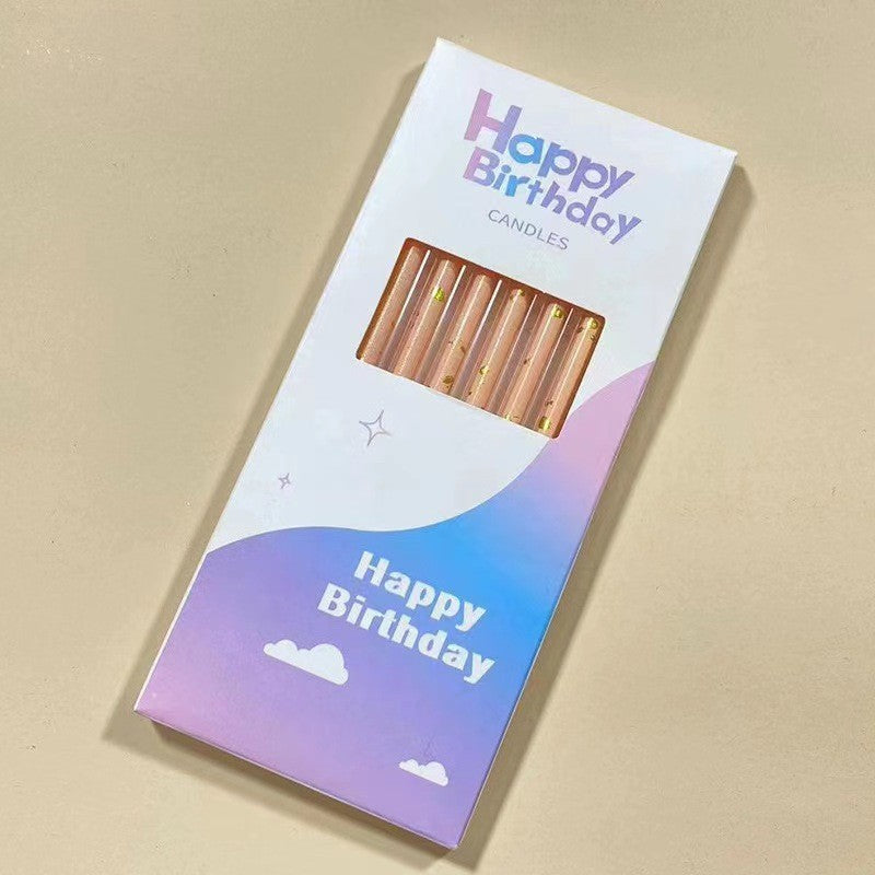 Set 6 Lumanari Tort Happy Birthday, Lumanari Lungi Tip Creion cu Sclipici si Paiete, Parafina cu Suport de Infigere, 10 cm, Oranj Pal