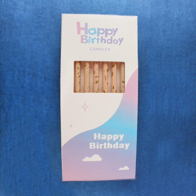 Set 6 Lumanari Tort Happy Birthday, Lumanari Lungi Tip Creion cu Sclipici si Paiete, Parafina cu Suport de Infigere, 10 cm, Oranj Pal