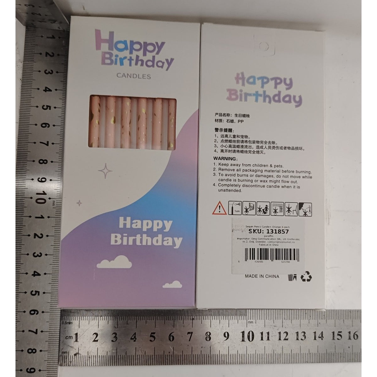 Set 6 Lumanari Tort Happy Birthday, Lumanari Lungi Tip Creion cu Sclipici si Paiete, Parafina cu Suport de Infigere, 10 cm, Oranj Pal