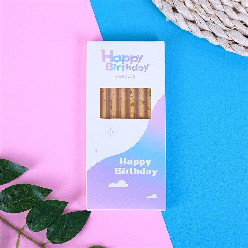 Set 6 Lumanari Tort Happy Birthday, Lumanari Lungi Tip Creion cu Sclipici si Paiete, Parafina cu Suport de Infigere, 10 cm, Oranj Pal