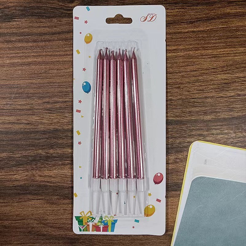 Set Lumanari de Tort Tip Creion, Lumanari Aniversare Elegante cu Efect Lucios, Parafina cu Suport Inclus, Roz Auriu, 11 x 0.4 cm, 6 Bucati