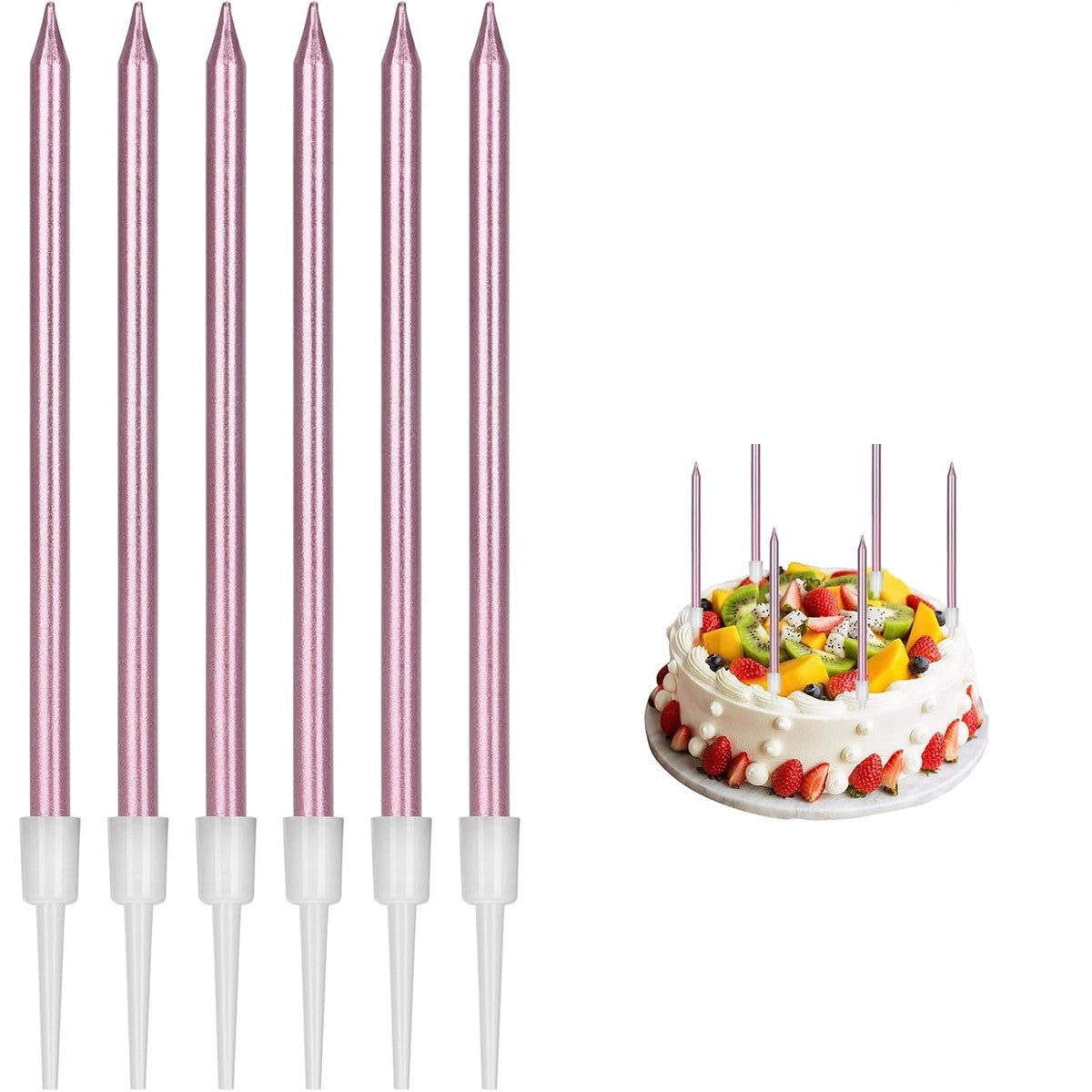 Set Lumanari de Tort Tip Creion, Lumanari Aniversare Elegante cu Efect Lucios, Parafina cu Suport Inclus, Roz Auriu, 11 x 0.4 cm, 6 Bucati