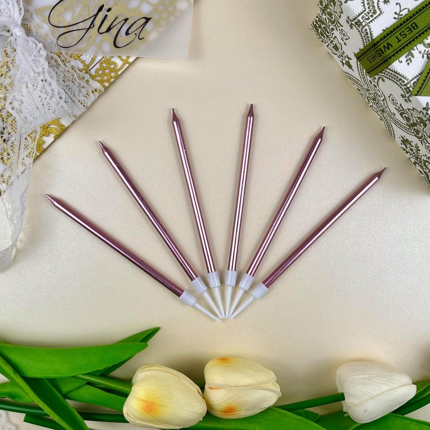 Set Lumanari de Tort Tip Creion, Lumanari Aniversare Elegante cu Efect Lucios, Parafina cu Suport Inclus, Roz Auriu, 11 x 0.4 cm, 6 Bucati