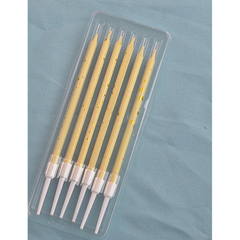 Set 6 Lumanari Tort Happy Birthday, Lumanari Tip Creion Cu Sclipici Si Paiete, Include Suporturi Infigere, Parafina, 10 cm, Bej