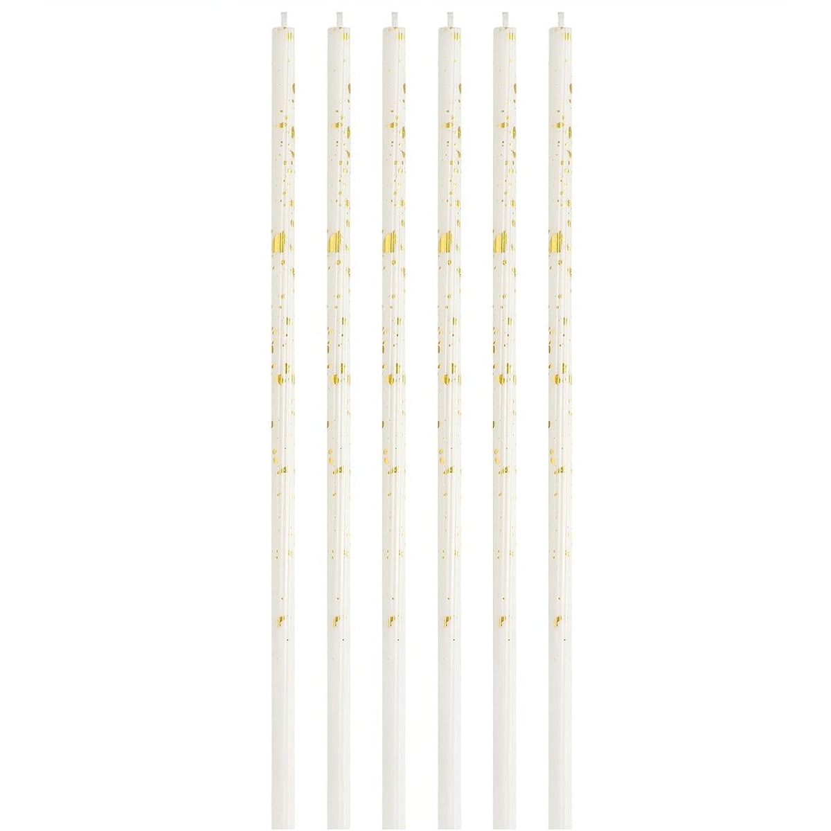 Set 6 Lumanari Tort Happy Birthday, Lumanari Lungi Tip Creion cu Sclipici si Paiete, Parafina cu Suport, 10 cm, Alb/Auriu