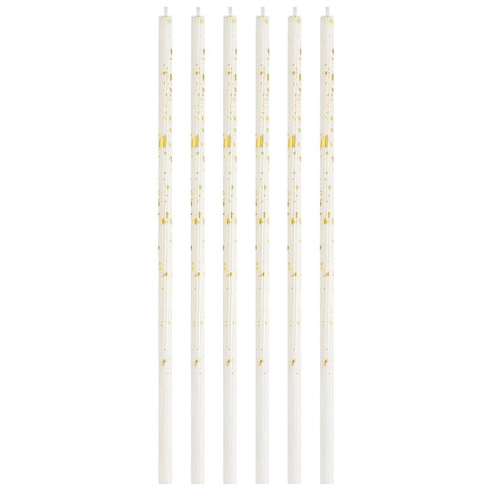 Set 6 Lumanari Tort Happy Birthday, Lumanari Lungi Tip Creion cu Sclipici si Paiete, Parafina cu Suport, 10 cm, Alb/Auriu