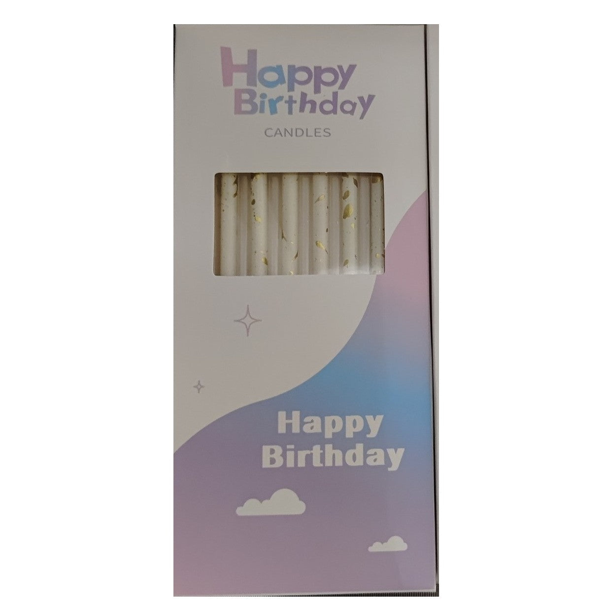 Set 6 Lumanari Tort Happy Birthday, Lumanari Lungi Tip Creion cu Sclipici si Paiete, Parafina cu Suport, 10 cm, Alb/Auriu