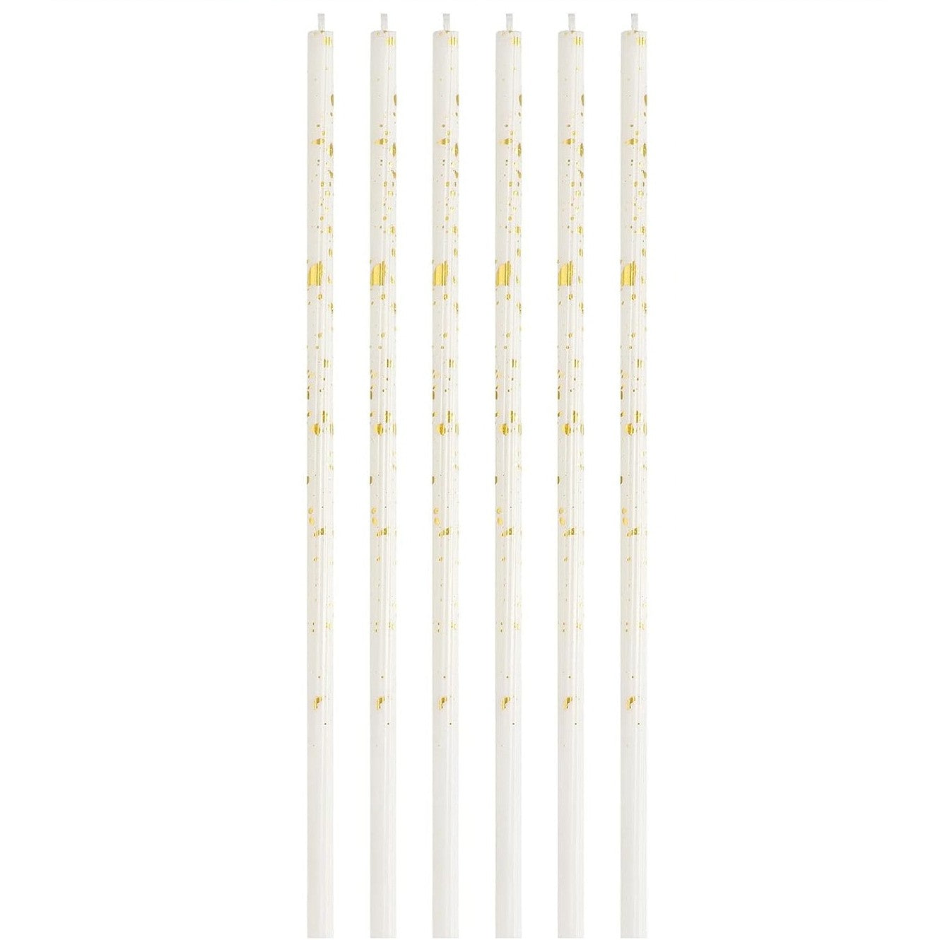 Set 6 Lumanari Tort Happy Birthday, Lumanari Lungi Tip Creion cu Sclipici si Paiete, Parafina cu Suport, 10 cm, Alb/Auriu
