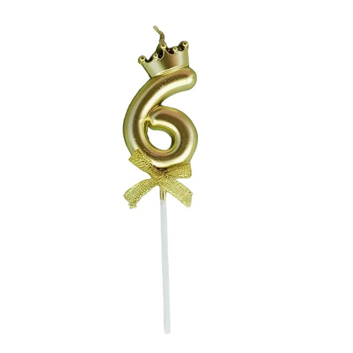 Lumanare pentru Tort Cifra 6, Design Coroana cu Finisaj Stralucitor, Parafina, Inaltime 4.8 cm, Auriu