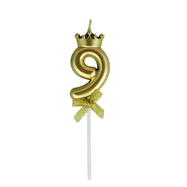 Lumânare Pentru Tort Cifra 9, Model Cu Coroană Și Finisaj Strălucitor, Decor Aniversar, Ceară, 4.8 cm, Auriu