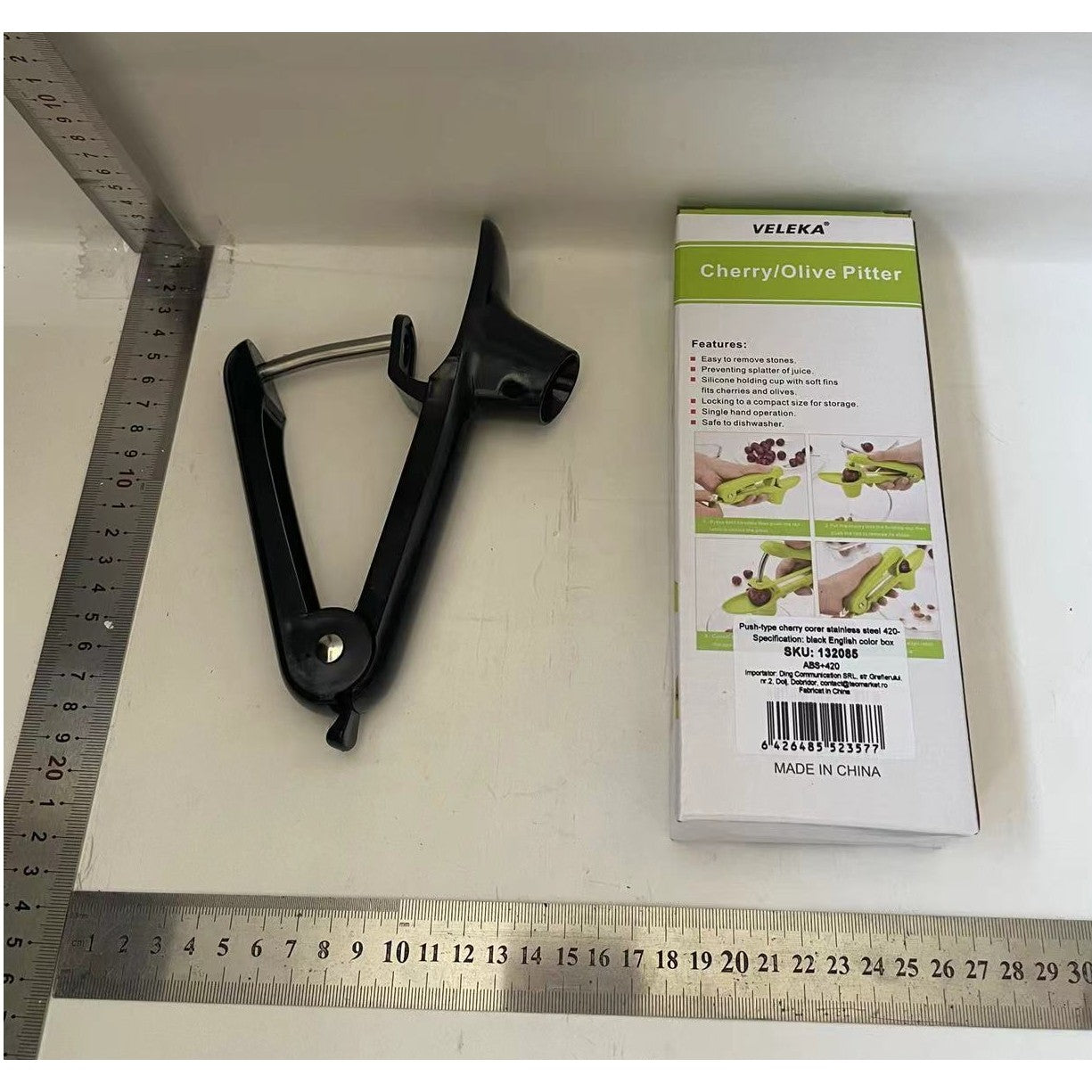 Dispozitiv de Scos Samburi Cirese si Masline, Aparat Manual cu Maner Ergonomic, ABS si Otel Inoxidabil 420, 20.5 x 3.8 x 13 cm, Negru