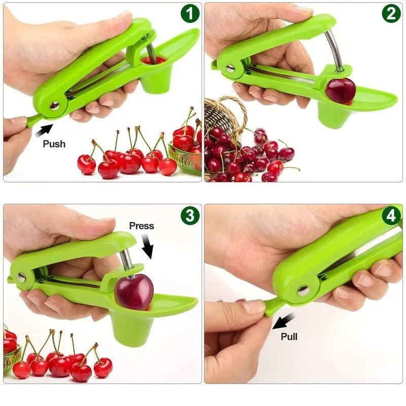 Dispozitiv Manual pentru Scos Samburi Cirese si Masline, Sistem Ergonomic cu Rebound, ABS si Otel Inoxidabil, 20.5 x 3.8 x 13 cm, Verde
