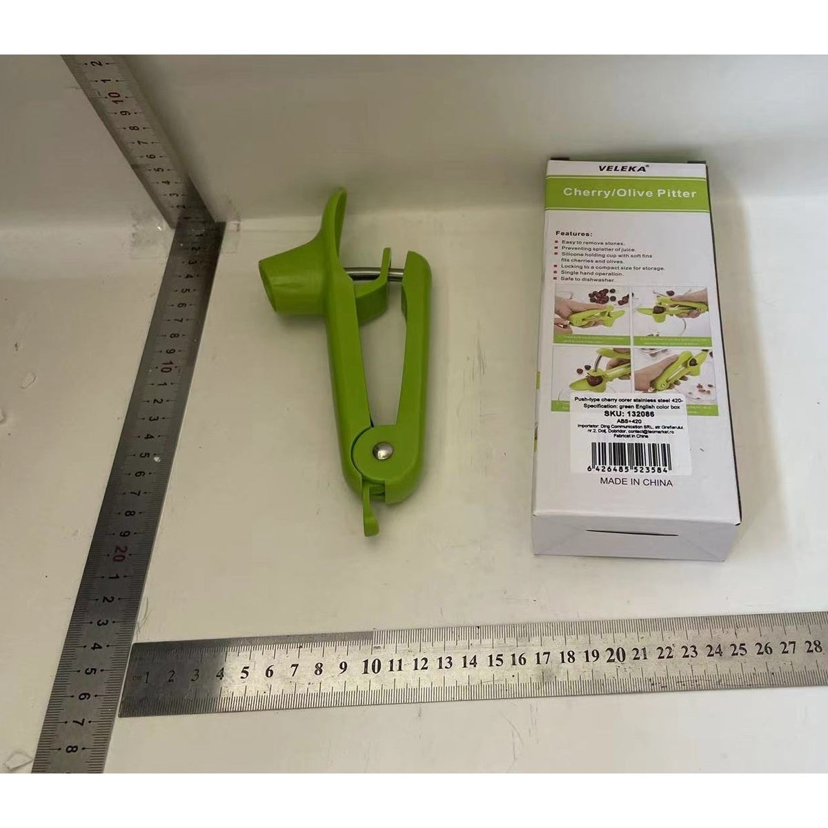 Dispozitiv Manual pentru Scos Samburi Cirese si Masline, Sistem Ergonomic cu Rebound, ABS si Otel Inoxidabil, 20.5 x 3.8 x 13 cm, Verde