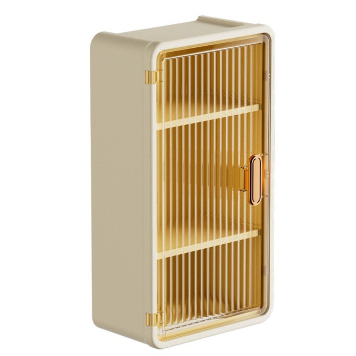 Organizator Cosmetice Suspendat, Montare pe Perete Fara Perforare, 3 Rafturi si Usa Transparenta, Material PP si ABS, Bej, 36.5x10.9x20 cm