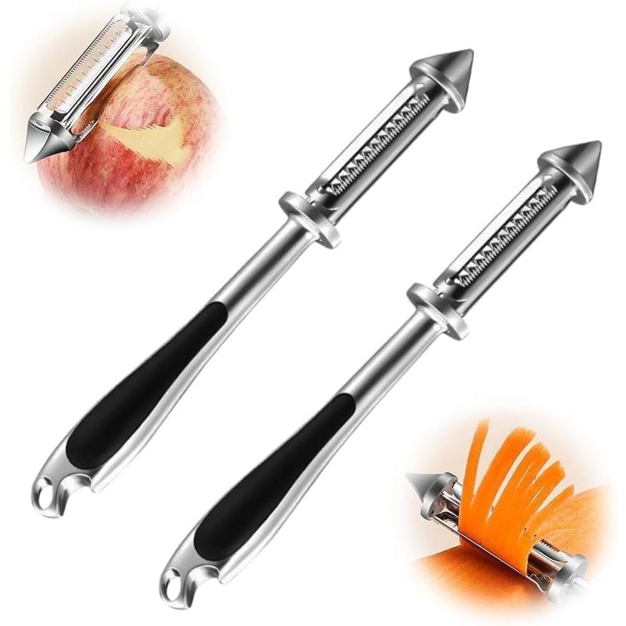 Peeler Multifunctional 2in1 pentru Legume si Fructe, Dispozitiv Curatat si Feliat, Otel Inoxidabil si Aliaj Zinc, Maner Ergonomic, 18 cm, Argintiu/Negru
