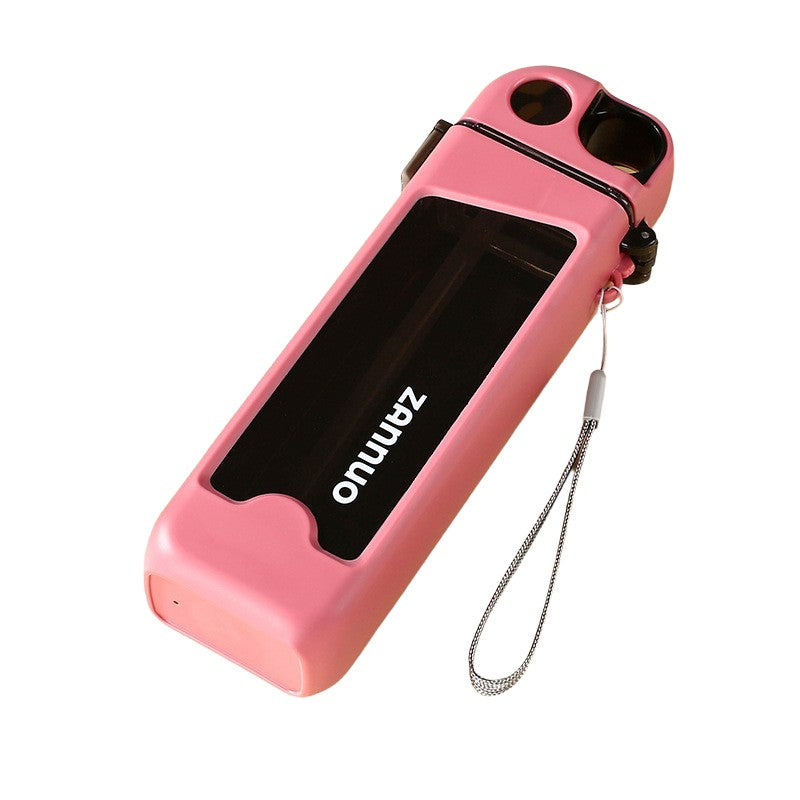 Sticla de Apa pentru Sport cu Pai, Capac Etans cu Buton de Blocare si Snur de Transport, Policarbonat Rezistent, 350 ml, Roz