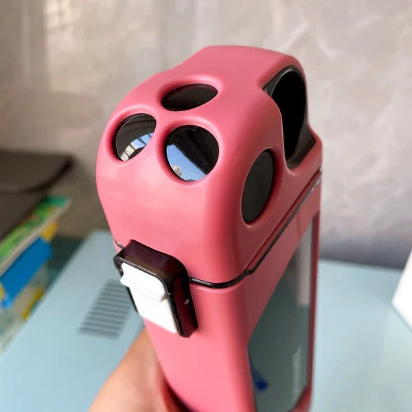 Sticla de Apa pentru Sport cu Pai, Capac Etans cu Buton de Blocare si Snur de Transport, Policarbonat Rezistent, 350 ml, Roz