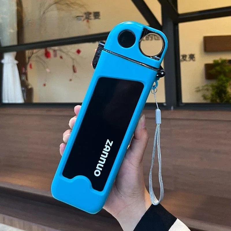 Sticla de Apa pentru Sport cu Pai si Capac, Sistem Anti-Scurgere, Buton de Blocare si Snur de Transport, Policarbonat, 350 ml, Bleu