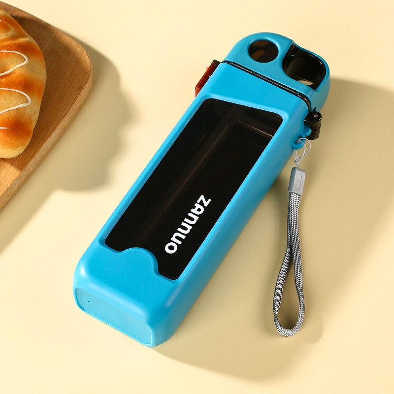 Sticla de Apa pentru Sport cu Pai si Capac, Sistem Anti-Scurgere, Buton de Blocare si Snur de Transport, Policarbonat, 350 ml, Bleu