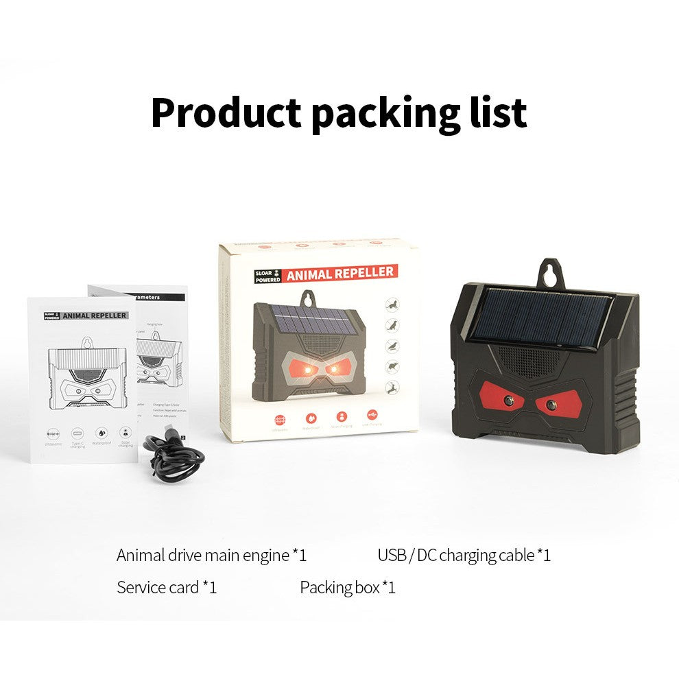 Set 2 Aparate Ultrasunete Solar Anti Animale si Pasari, Repelent cu LED Intermitent Rosu, Incarcare USB Type-C, IP66 Impermeabil, ABS, Negru, 10.2 x 10.6 x 2.8 cm