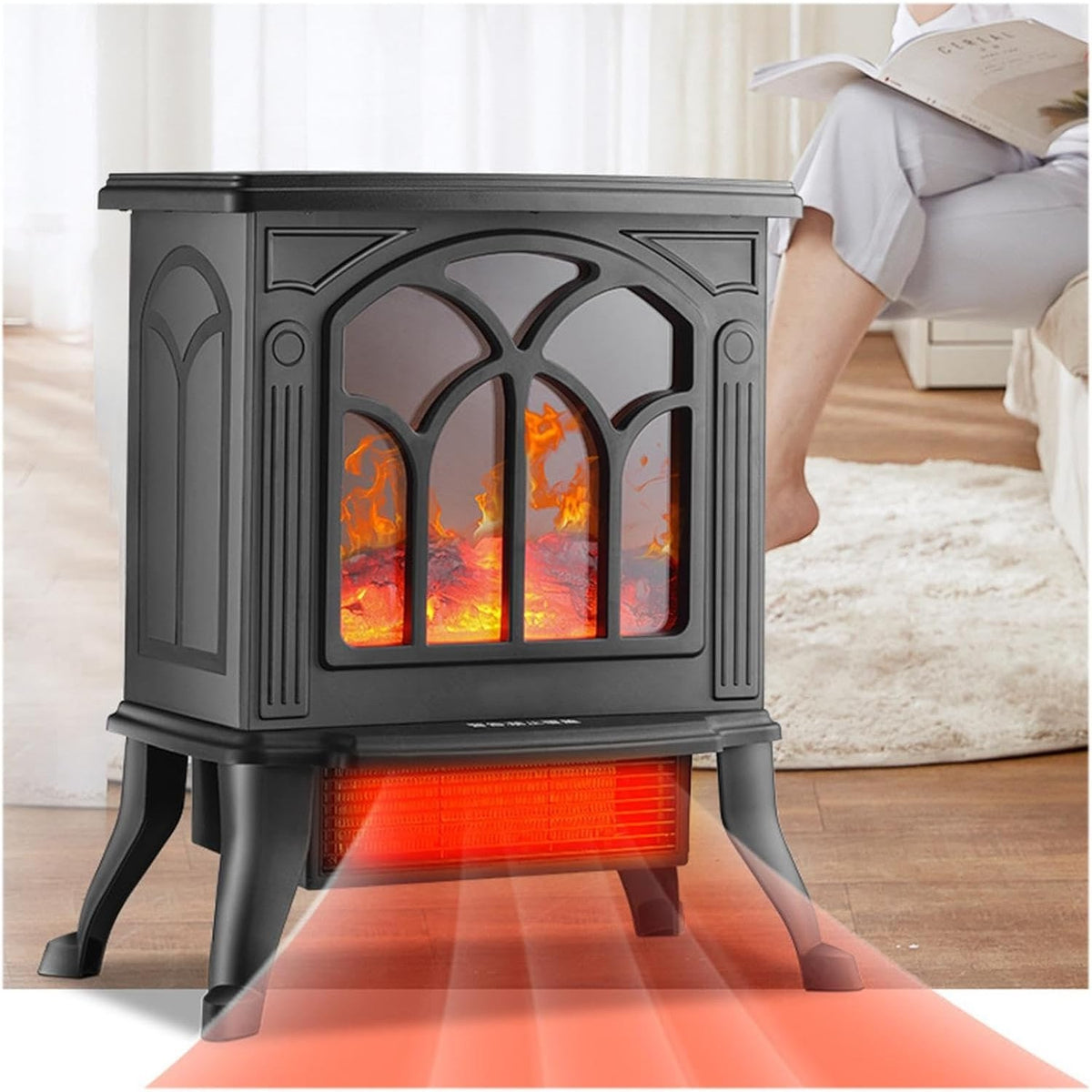 Semineu Electric cu Efect Flacara 3D, Incalzire Ceramica PTC si Termostat Reglabil, Plastic Ignifug, 1500W, 38 x 23 x 45 cm, Negru
