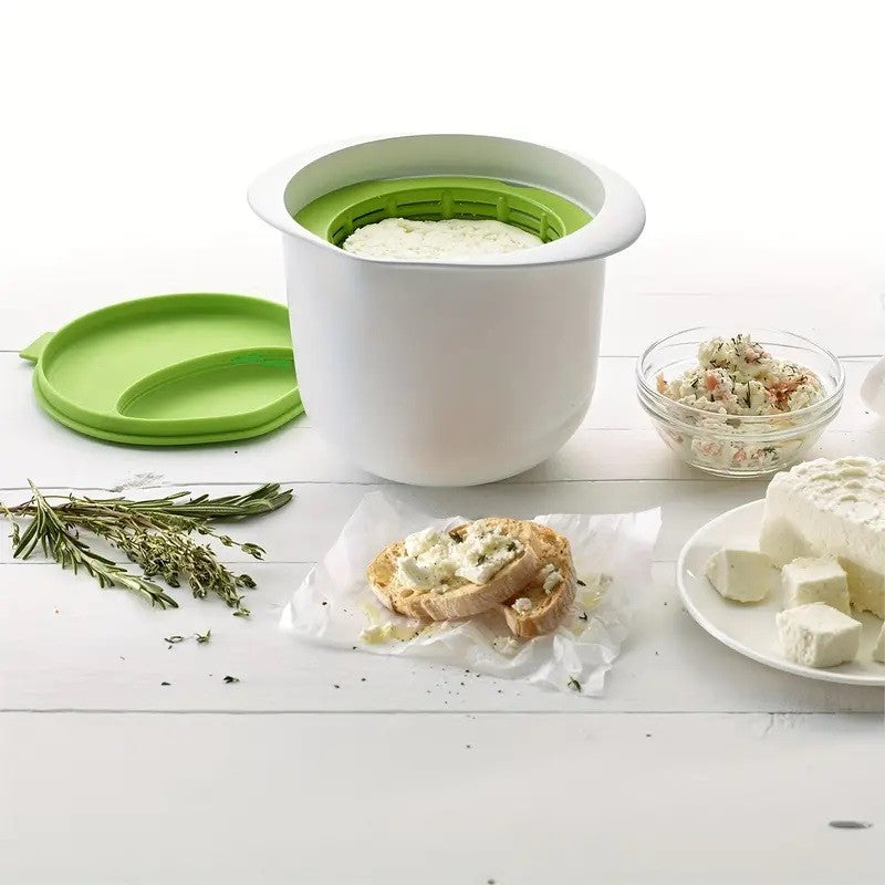 Recipient Preparare Branza de Casa, Cheese Maker cu Filtru si Capac Silicon, Plastic fara BPA, Microunde si Masina de Spalat Vase, 17x14.5x12.8 cm, Verde