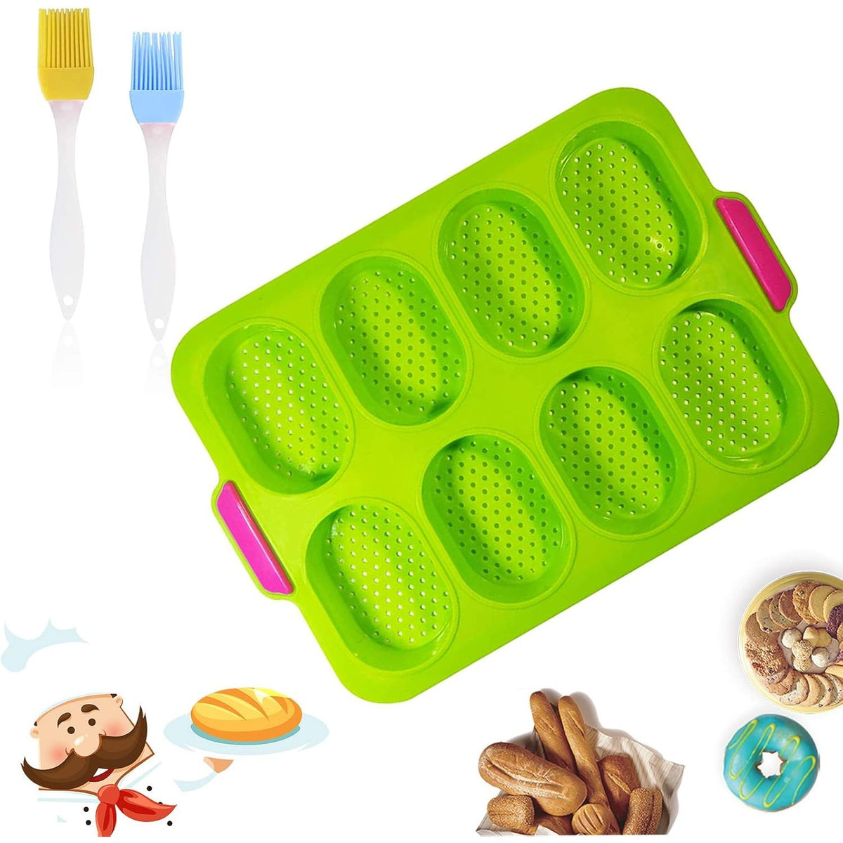 Forme de Silicon pentru Copt, Tava cu 8 Cavitati Ovale pentru Paine si Prajituri, Material Antiaderent Termorezistent, 34.5 x 23.8 x 2.5 cm, Verde/Roz
