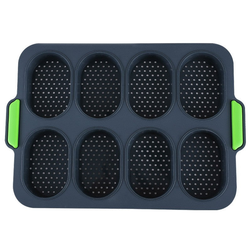 Forme de Silicon pentru Copt, 8 Cavitati Ovale pentru Paine si Prajituri, Material Antiaderent Termorezistent, 34.5 x 23.8 x 2.5 cm, Negru/Verde