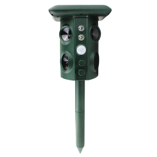 Aparat Solar Ultrasunete Anti Animale si Pasari, Repelent cu Senzor Miscare PIR si Flash LED, Rezistent la Apa IP54, Alimentare Solara si USB, Plastic ABS si Policarbonat, 15.5 x 15.4 x 26.2 cm, Verde
