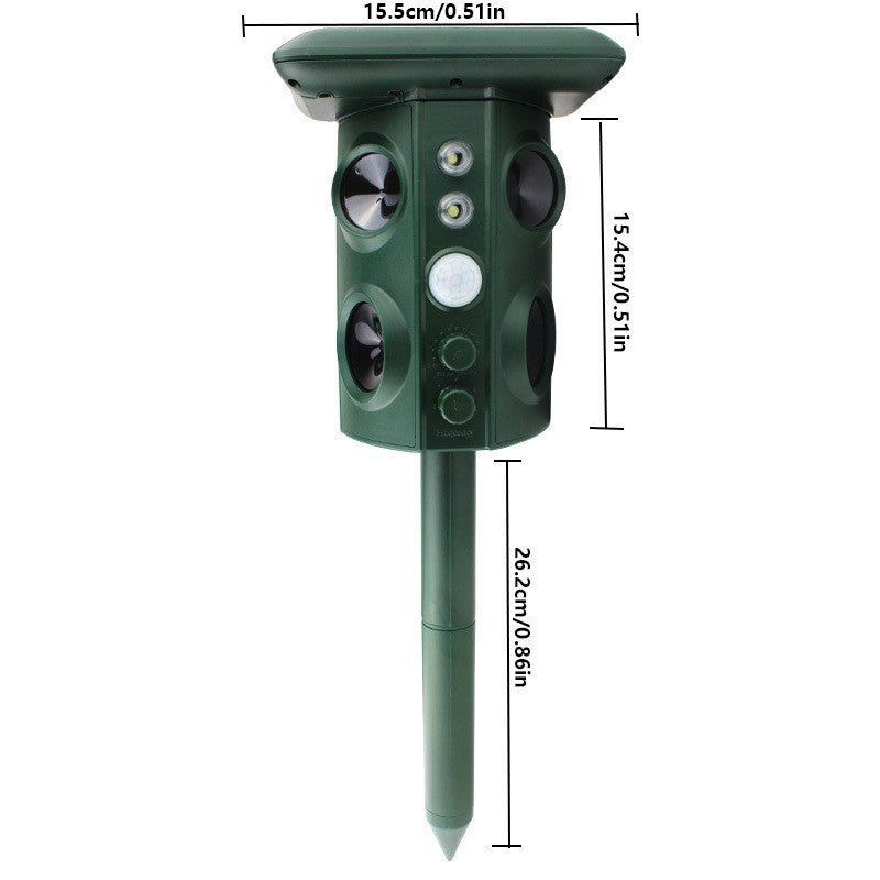 Aparat Solar Ultrasunete Anti Animale si Pasari, Repelent cu Senzor Miscare PIR si Flash LED, Rezistent la Apa IP54, Alimentare Solara si USB, Plastic ABS si Policarbonat, 15.5 x 15.4 x 26.2 cm, Verde