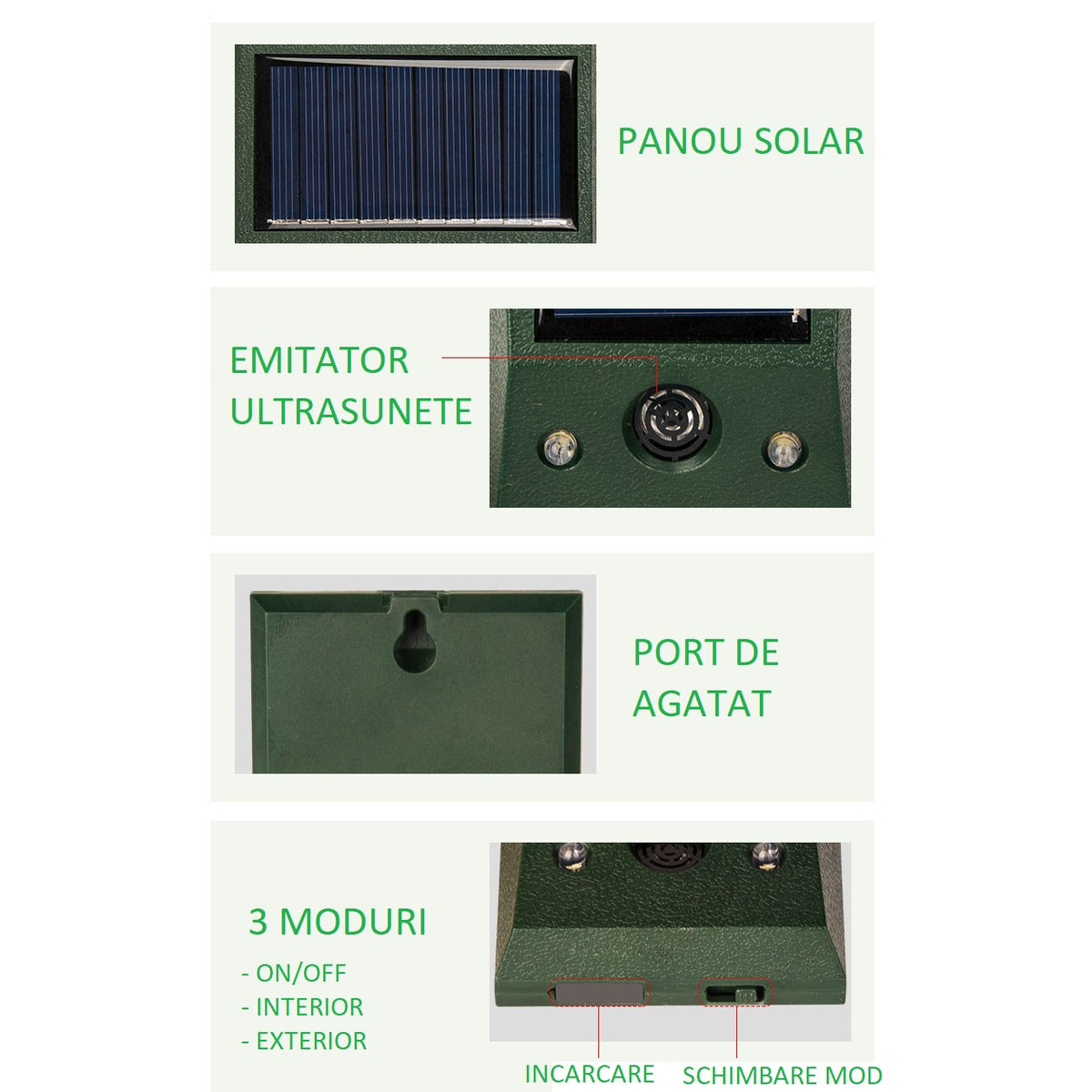 Aparat Solar cu Ultrasunete pentru Alungat Animale, Repelent Anti Rozatoare si Insecte, Rezistent la Apa IP66, Incarcare USB, Material ABS, 12 x 6.5 cm, Verde