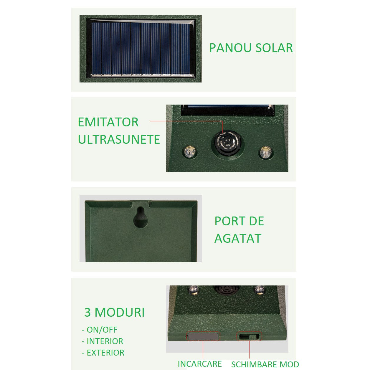 Aparat Solar cu Ultrasunete pentru Alungat Animale, Repelent Anti Rozatoare si Insecte, Rezistent la Apa IP66, Incarcare USB, Material ABS, 12 x 6.5 cm, Verde