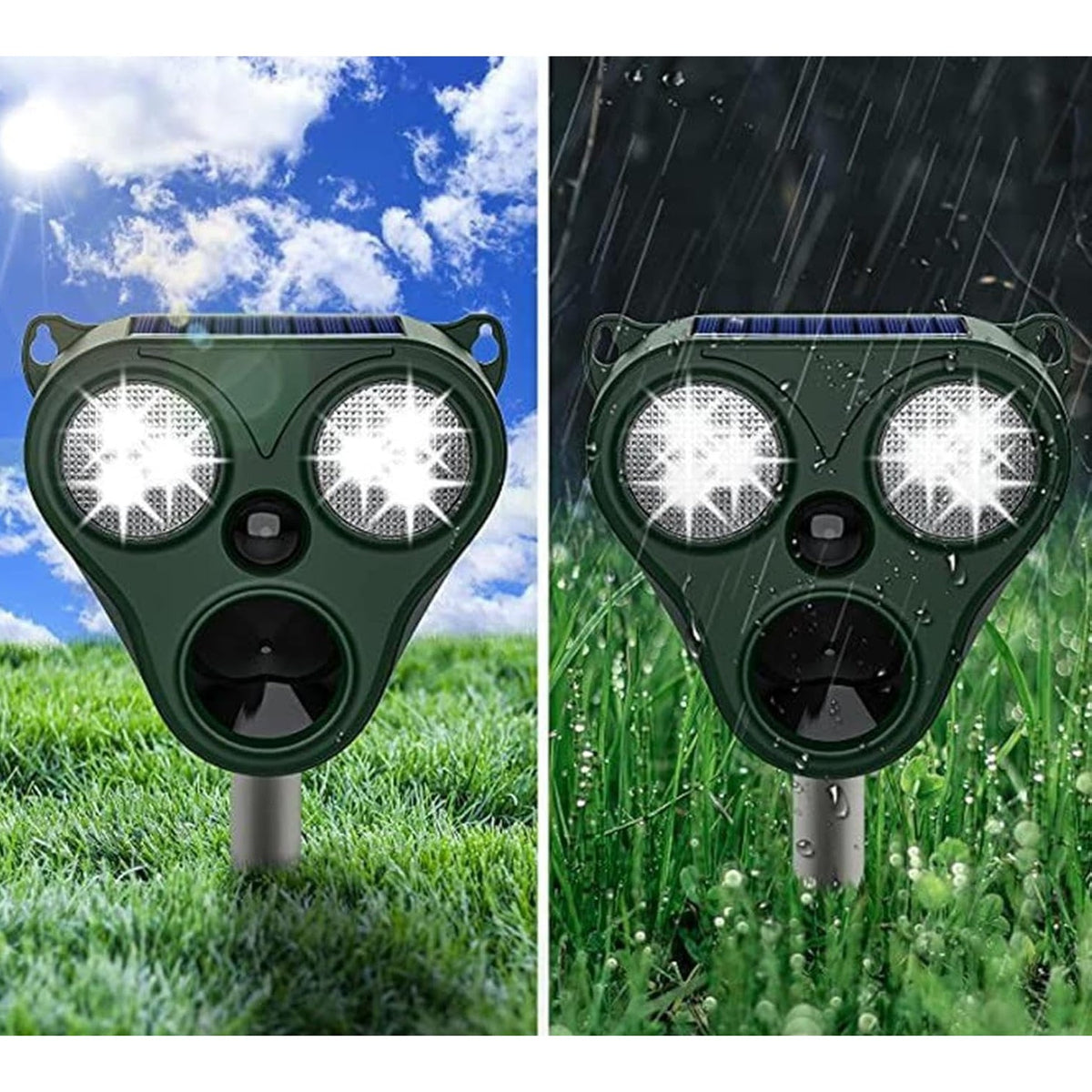Aparat Repelent Solar cu Ultrasunete, Dispozitiv Anti Animale si Pasari, Senzor PIR, Alarma Sonora si Lumina LED, Rezistent la Apa IP66, ABS si Policarbonat, 300 mp, 13 x 14.7 x 24.5 cm, Verde