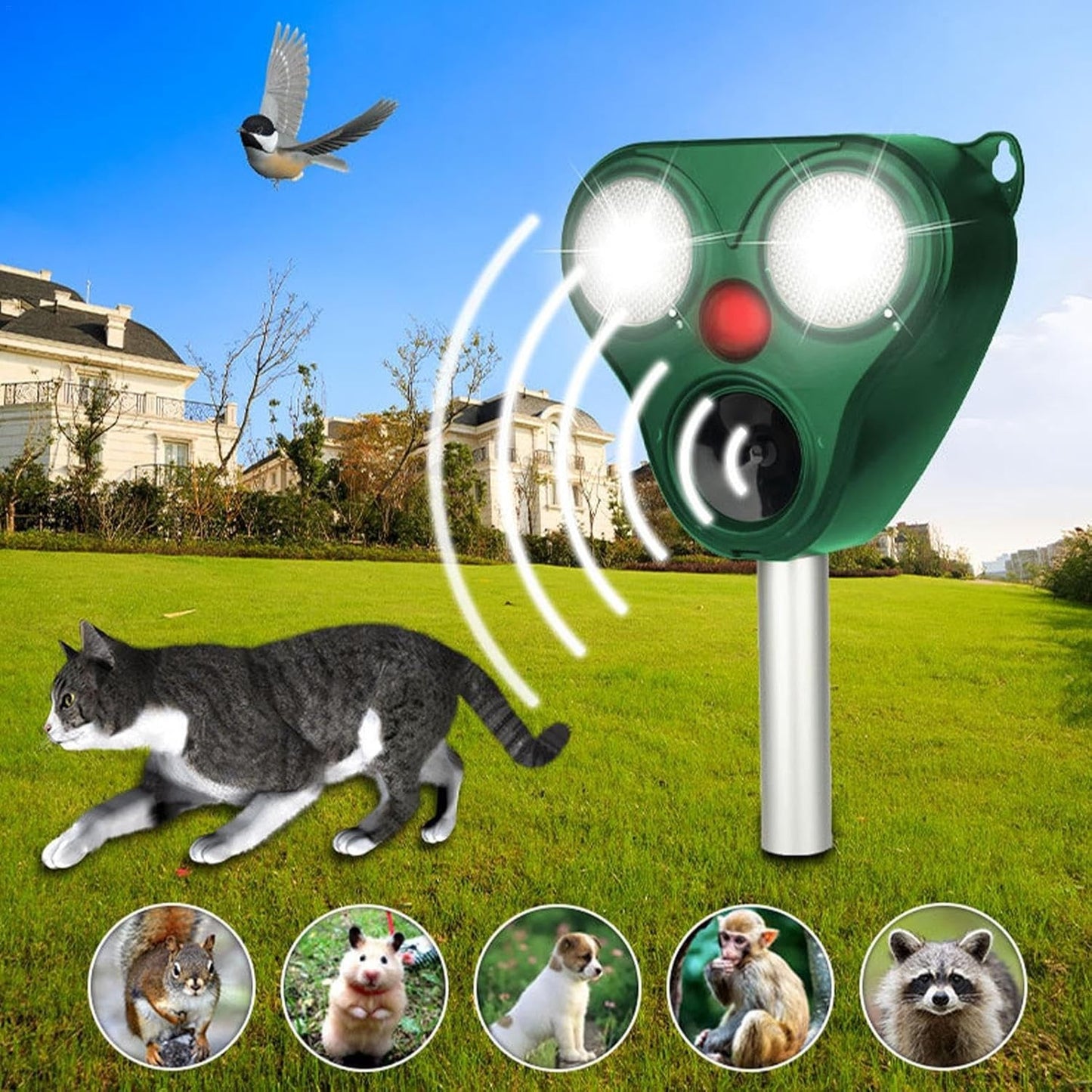 Aparat Repelent Solar cu Ultrasunete, Dispozitiv Anti Animale si Pasari, Senzor PIR, Alarma Sonora si Lumina LED, Rezistent la Apa IP66, ABS si Policarbonat, 300 mp, 13 x 14.7 x 24.5 cm, Verde