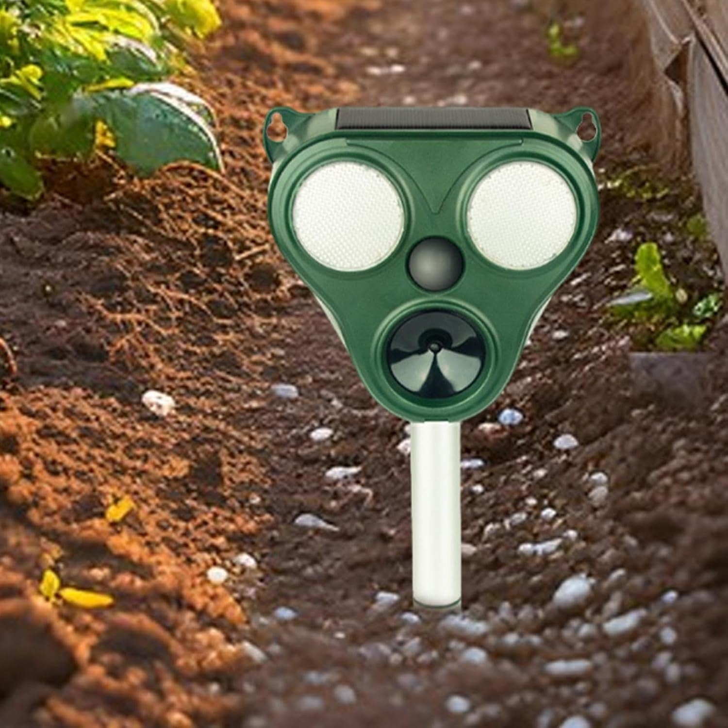 Aparat Repelent Solar cu Ultrasunete, Dispozitiv Anti Animale si Pasari, Senzor PIR, Alarma Sonora si Lumina LED, Rezistent la Apa IP66, ABS si Policarbonat, 300 mp, 13 x 14.7 x 24.5 cm, Verde