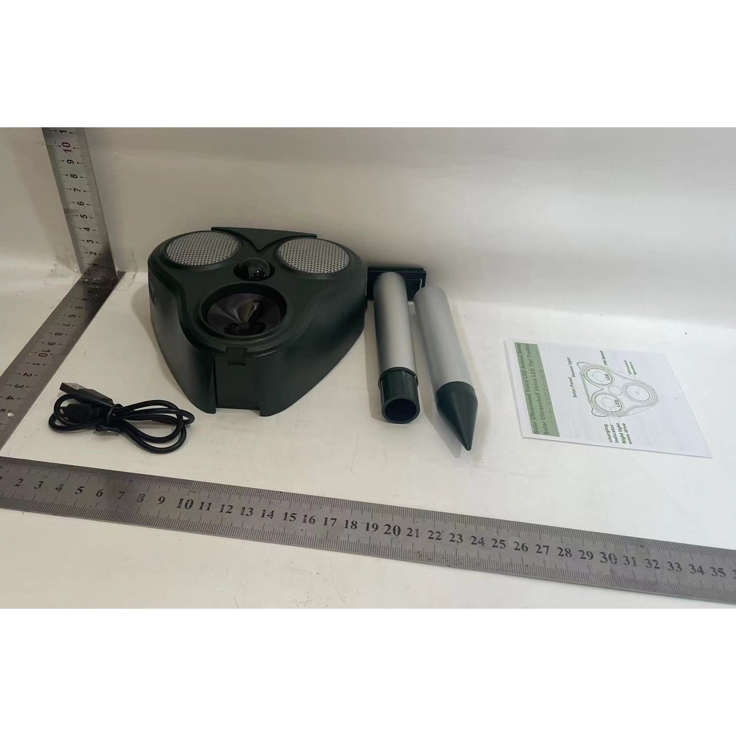 Aparat Repelent Solar cu Ultrasunete, Dispozitiv Anti Animale si Pasari, Senzor PIR, Alarma Sonora si Lumina LED, Rezistent la Apa IP66, ABS si Policarbonat, 300 mp, 13 x 14.7 x 24.5 cm, Verde