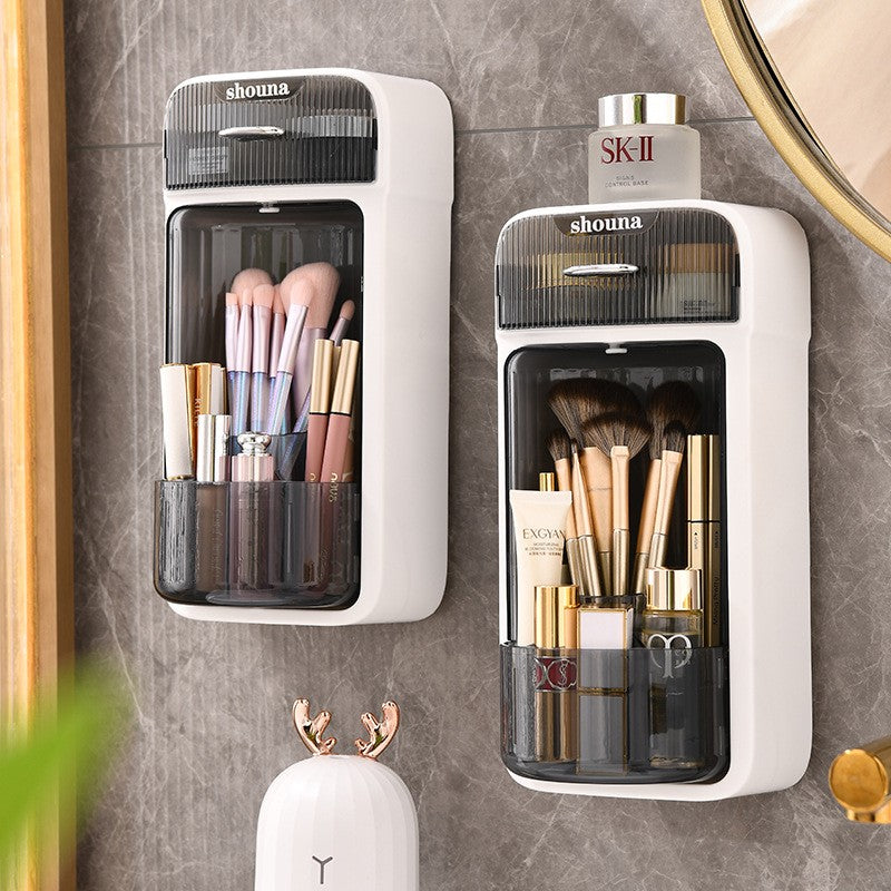 Organizator Cosmetice si Baie Rotativ 360 Grade, Suport Machiaj cu 4 Compartimente si 1 Sertar, Plastic PP si PET, 27.5 x 16 x 11 cm, Alb/Negru
